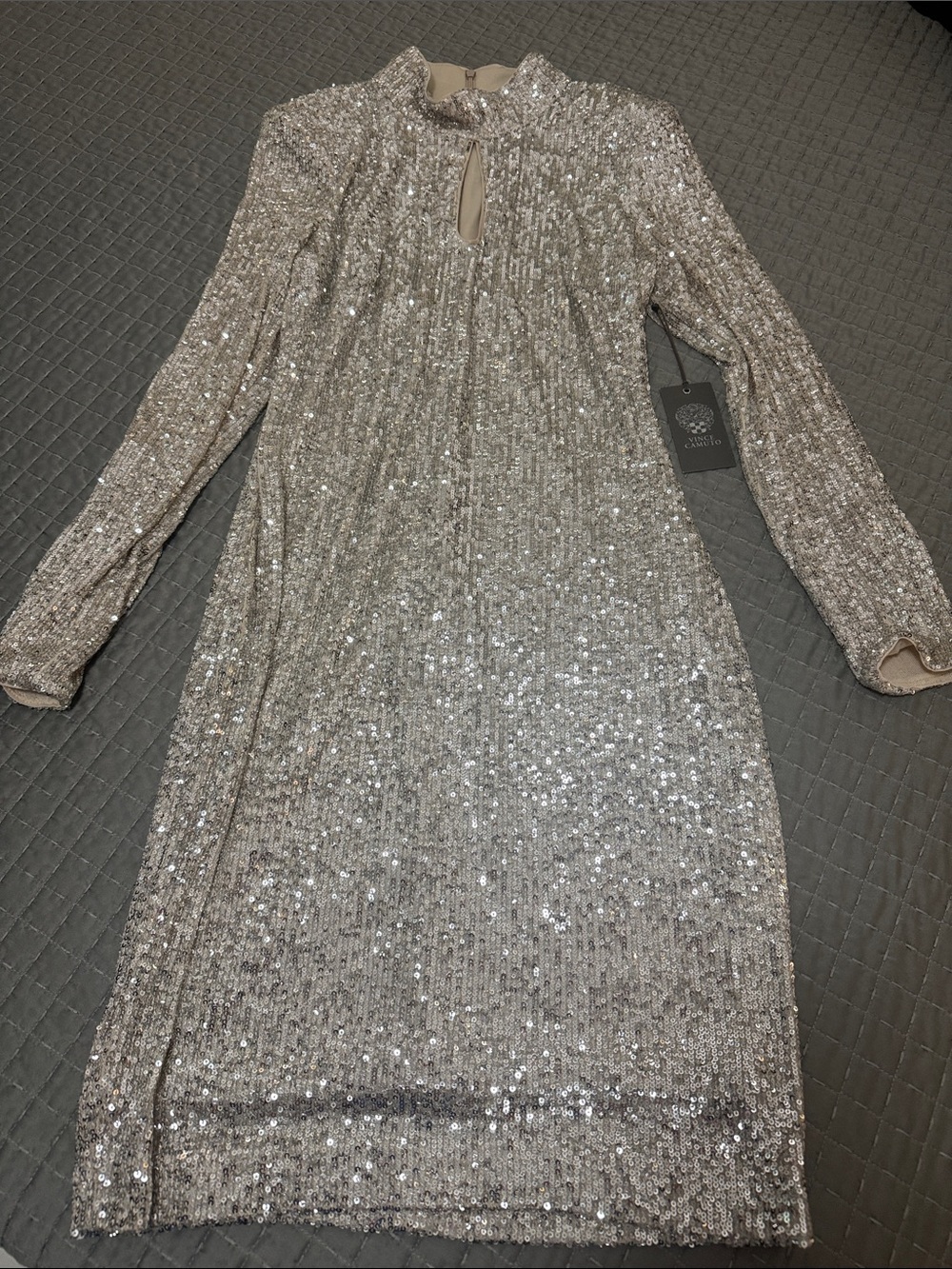 Vince Camuto Silver Sequin Long Sleeve Sheath Dress